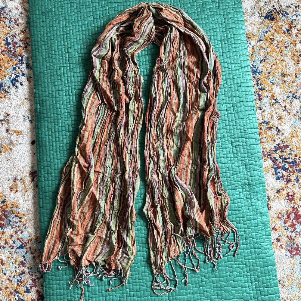 Vintage Orange Colorful Boho Scarf With Fringe 70s Indie Hippie EUC Long Fall